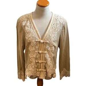 Pamela McCoy Womens Beige Lace Trimmed Open Front Jacket Size L
